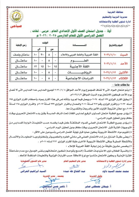 جدول امتحانات الصف الأول الإعدادي الترم الأول 2026 محافظة الغربية